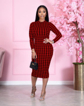 Houndstooth Print Long Sleeve Midi Dress TR-1098