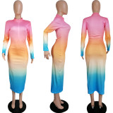 Gradient Long Sleeve Zipper Long Dress MIL-194