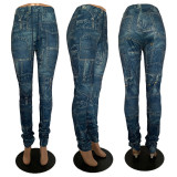 Fashion Imitation Denim Print Drawstring Stacked Pants YFS-3618