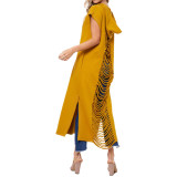 Solid Hooded Short Sleeve Split Hollow Out Maxi Dress RUF-8176
