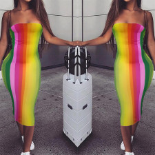 Sexy Rainbow Striped Strapless Bodycon Midi Dress RUF-8178
