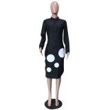 Polka Dot Print Long Sleeve Midi Dress OD-68254