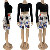 Casual Printed Long Sleeve Two Piece Short Sets FNN-8580