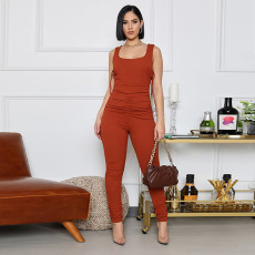 Solid Sleeveless Ruched One Piece Jumpsuits GLF-8115