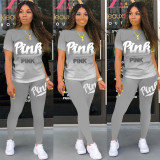 Pink Letter Print Gradient T Shirt Pants 2 Piece Sets KSN-8069
