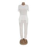 Solid Short Sleeve T Shirt Ruched Pants 2 Piece Sets AIL-153