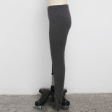 Solid Rib Mid Waist Split Skinny Pants SMR-9714
