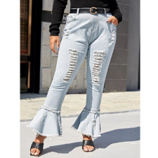 Plus Size 5XL Fat MM Denim Ripped Hole Flared Jeans HSF-2407