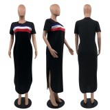 Casual Stripe Print Short Sleeve Split Long T Shirt Dress OY-6247