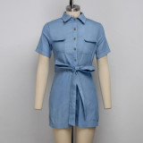 Casual Denim Short Sleeve Sashes Jeans Rompers SMR-9715