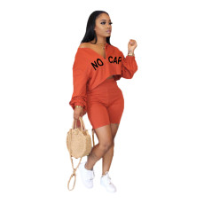 Plus Size Letter Print Long Sleeve Two Piece Shorts Set BLI-2240