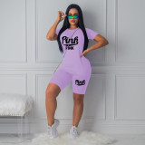 Pink Letter Print T Shirt Shorts Two Piece Sets TE-4211
