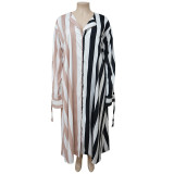 Plus Size Fashion Casual Striped Printed Long Sleeve Maxi Dress (Without Belt) NNWF-7013
