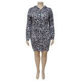  Plus Size Fashion Hooded Leopard Print Slim Long Sleeve Mini Dress NNWF-7049