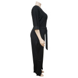 Plus Size Fashion Solid Color Oblique Shoulder Wide-leg Jumpsuit NNWF-7052