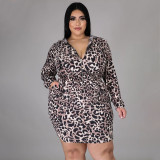  Plus Size Fashion Hooded Leopard Print Slim Long Sleeve Mini Dress NNWF-7049