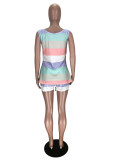 Plus Size Sports Casual Color Striped Print Vest Shorts 2 Piece Set MX-1125