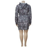  Plus Size Fashion Hooded Leopard Print Slim Long Sleeve Mini Dress NNWF-7049