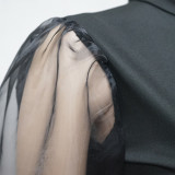Plus Size Mesh Perspective Splice Sleeve Solid Color Slim Midi Dress NNWF-7020