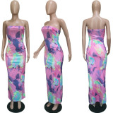Tie Dye Plus Size Print Off Shoulder Strapless Long Tube Dress BGN-063