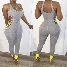 Plus Size Fitness Sleeveless Lace Up Hollow Jumpsuits LSD-8723