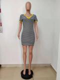 Casual Striped V Neck Short Sleeve Mini Dress LSD-8877