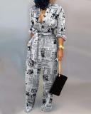 Plus Size Printed Long Sleeve Sashes Jumpsuits LSD-8615