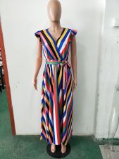 Rainbow Striped V Neck Maxi Dress LSD-8133