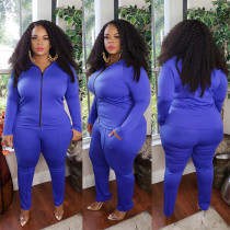 Plus Size Solid Long Sleeve Zipper Two Piece Sets OSIF-20931
