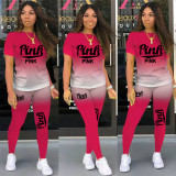 Pink Letter Print T Shirt Pants Two Piece Sets TK-6150