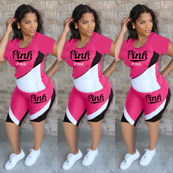 Pink Letter Print Short Sleeve 2 Piece Shorts Set LDS-065