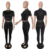 Fashion Slim Line Design Short Sleeve And Hem Split Pants Two Piece Set MUL-161