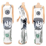 Sexy Dollar Print Slip Maxi Dress With Headscarf  SFY-227