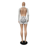 Plus Size Printed Backless Long Sleeve Mini Dress YIM-168