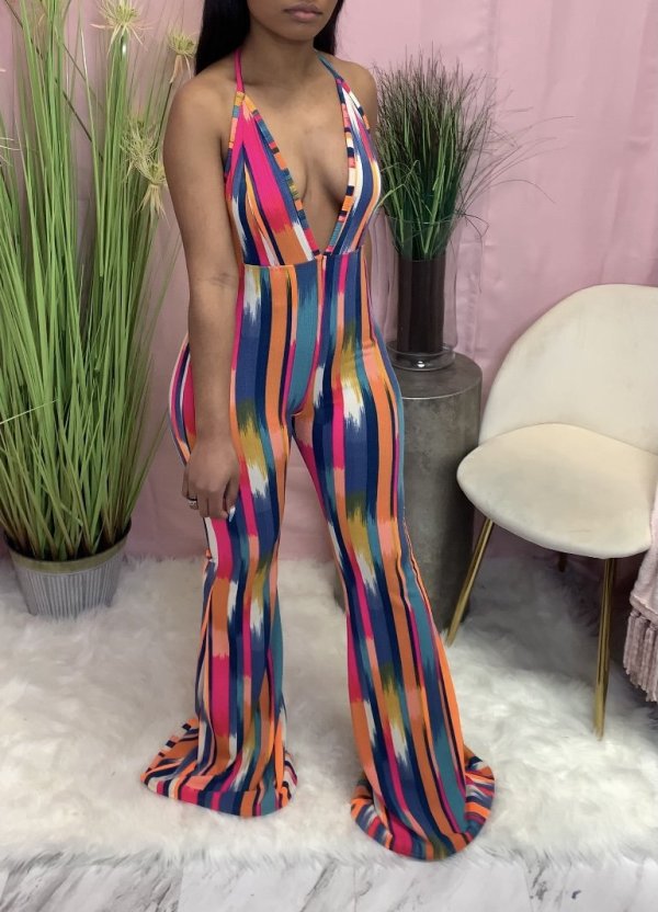 Sexy V Neck Halter Backless Printed Jumpsuits AWN-5200