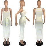 Casual Striped Sleeveless Sashes Long Dress MN-9286