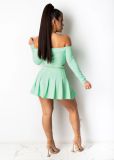Solid Slash Neck Long Sleeve Top Pleated Mini Skirt 2 Piece Sets BS-1250
