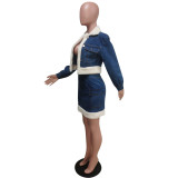 Denim Patchwork Jacket And Mini Skirt 2 Piece Sets MEM-8330