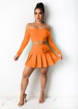 Solid Long Sleeve Slash Neck Pleated Mini Skirt 2 Piece Sets ML-7426