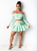 Solid Long Sleeve Slash Neck Pleated Mini Skirt 2 Piece Sets ML-7426