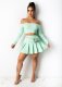 Solid Long Sleeve Slash Neck Pleated Mini Skirt 2 Piece Sets ML-7426