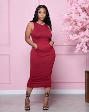 Solid Sleeveless Pocket Bodycon Midi Dress BLX-8001