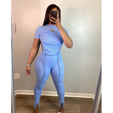 Solid Ribbed Backless Top Split Pants Two Piece Sets HHF-9072