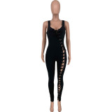 Plus Size Solid Sleeveless Lace Up Tight Jumpsuit  CQ-099
