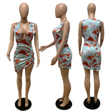 Sexy Printed Sleeveless V Neck Irregular Mini Dress QSF-5053