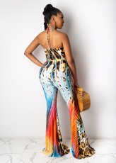 Sexy Printed Halter Backless Flare Jumpsuits LSL-6416