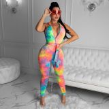 Sexy Backless Hooded Tie-dye Jumpsuit (including belt) WUM-2139