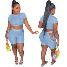 Fashion Casual Rib Sports Short Sleeve  And  Tie Up Shorts Sets AL-236 