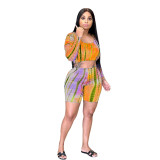 Casual Gradient Print Long Sleeve Shorts Two Piece Sets YIY-5266