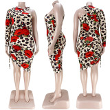  Plus Size Leopard Print Sexy Single Sleeve Midi Dress ASL-7017